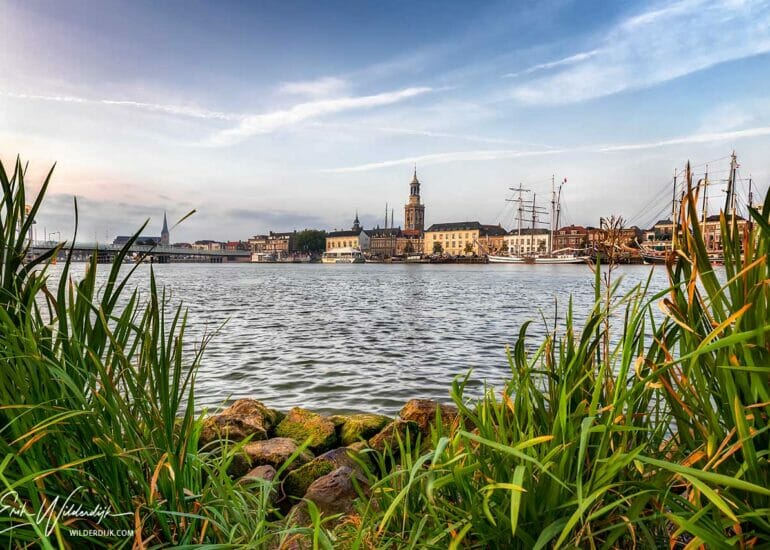Natuurlijk doorkijkje door het riet naar het stadsfront van Kampen