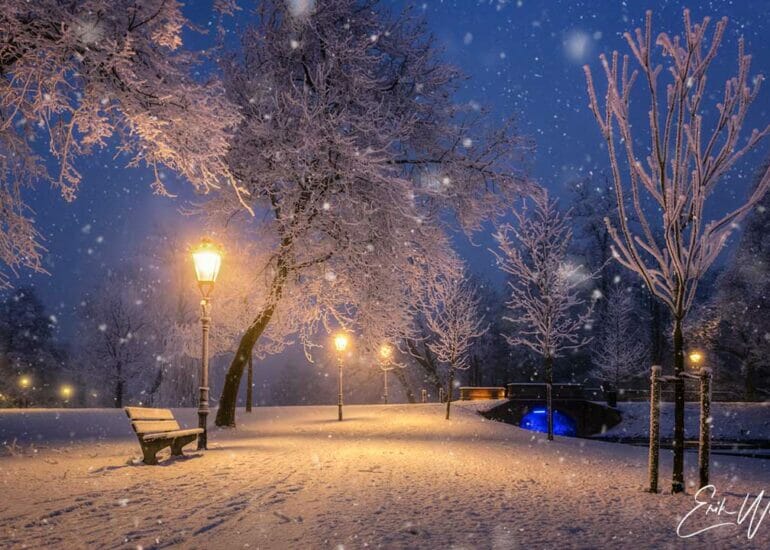 Sneeuw in het stadspark van Kampen met witte bomen en brandende straatlantaarns