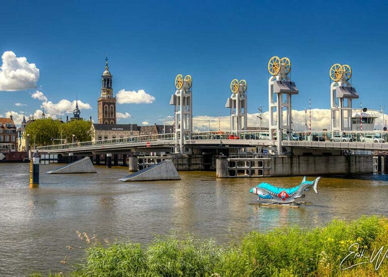 Het stadsfront van Kampen met de steur op een mooie zomerse middag